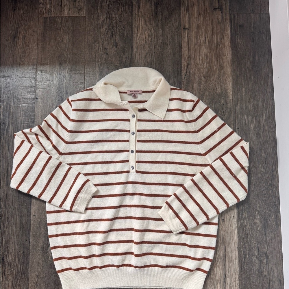 Striped Crewneck Button-Front Sweater in Cream and Rust - Women